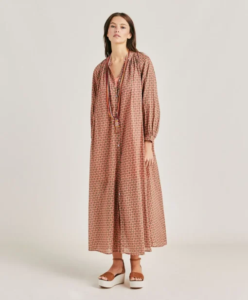 Vestito Goa In Voile'Di Cotone Stampato - Corallo