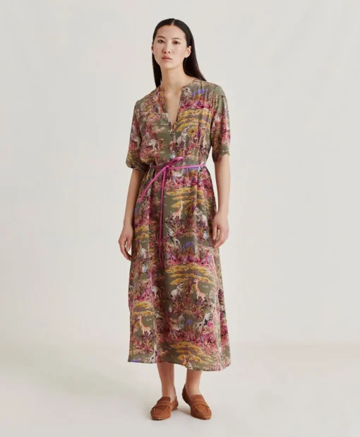 Vestito Penelope In Crepe De Chine - Oliva Multicolor
