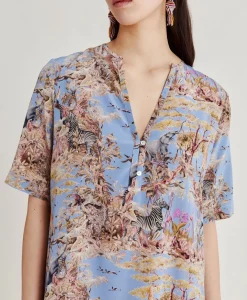 Vestito Penelope In Crepe De Chine - Ceruleo Multicolor