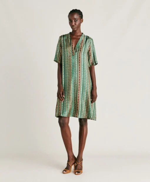 Vestito Sarraina In Twill Di Seta - Verde/Multicolor