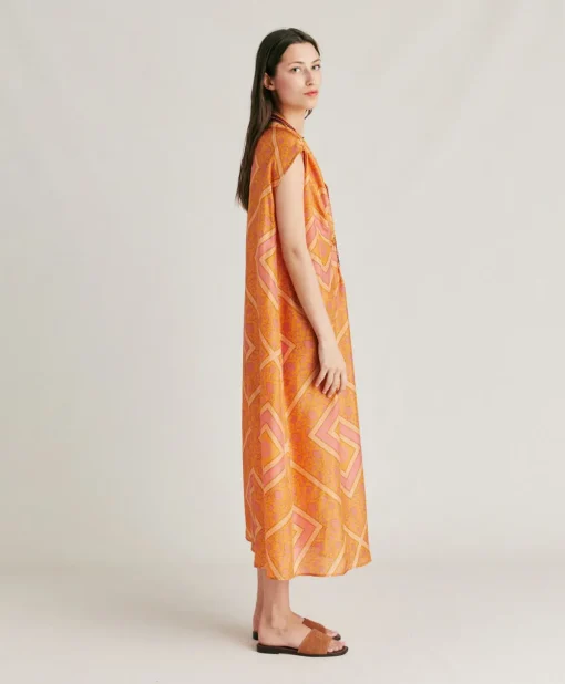 Vestito Scilla In Haboutai Di Seta - Arancio/Fucsia