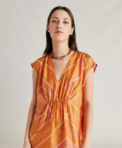 Vestito Scilla In Haboutai Di Seta - Arancio/Fucsia