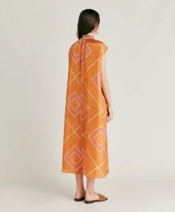 Vestito Scilla In Haboutai Di Seta - Arancio/Fucsia